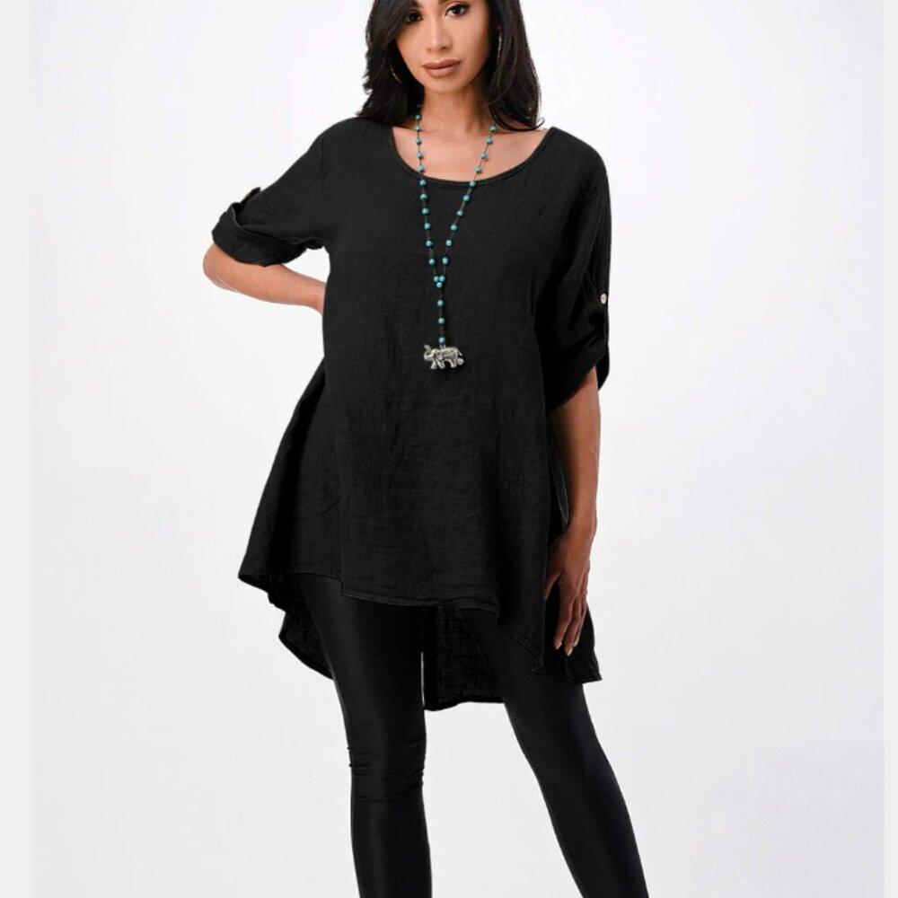 NWT Raw Moda 100 Italian linen Black Tunic Top button back detail long shirt OS